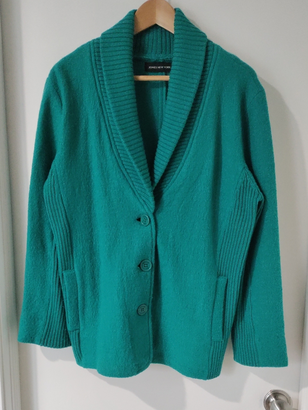 Jones New York Collection 100% Wool Bright Teal Cardigan Sweater - Size L